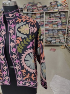 Women's Hand Embroidered Floral Mandarin Collar <b>Blazer</b> Full Sleeve Breathable Autumn Woven <b>Velvet</b> Jacket - Product Image 5