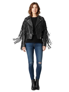 Women's Premium Black Fringe Lambskin <b>Leather</b> <b>Jacket</b> Soft Genuine <b>Leather</b> Western <b>Jacket</b> Sample And Customization Available - Product Image 2