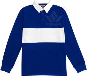 Polo de rugby personnalisé pour homme, bleu royal et blanc, à blocs de couleur, manches longues, respirant, coupe classique, vêtements de sport pour adultes - Product Image 1