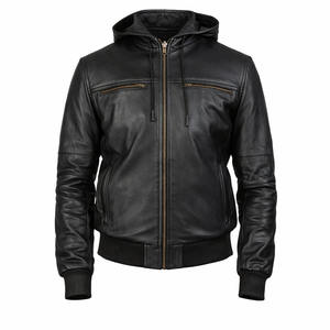 Veste à capuche en cuir véritable noir pour homme, coupe slim, style bomber, fermeture éclair, manteau d'hiver décontracté, fabricant OEM - Product Image 1