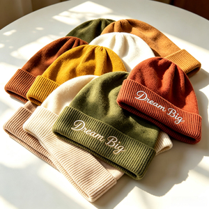 Gorro de Invierno Unisex de Color Sólido, Acrílico, Tejido Acanalado, con Parche Bordado, 56-58CM - Product Image 3