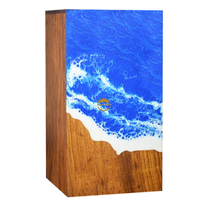 Urne funéraire artisanale en résine et bois motif vague océanique bleue, pour cendres, par AYAANS - Product Image 4