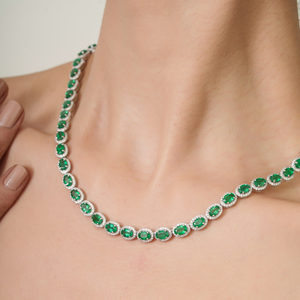 Luxurious Hot Sale 22.11 Ct. Emerald & Diamond <b>Statement</b> Halo Tennis <b>Necklace</b> K14 Solid Yellow Gold Customized Wholesale Jewelry - Product Image 4