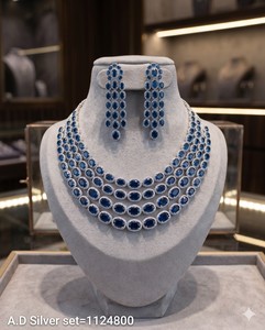 Luxury <b>Silver</b> Plated American Diamond Jewelry Set With Sparkling Blue Oval Stone Layered <b>Choker</b> AD JEWELLERY Set Party Wear Gift - Product Image 4