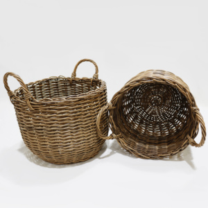 Handmade Rustic Eco Friendly Poly Rattan Wicker <b>Foldable</b> Round Storage <b>Basket</b> Laundry Bin Set Nesting with Handles - Product Image 5