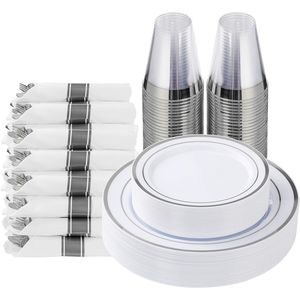 Set di Stoviglie in Plastica Argento da 175 Pezzi per 25 Ospiti, Include 25 Piatti Piani e da Dessert, Kit di Forniture per Feste Usa e Getta di Lusso - Product Image 1