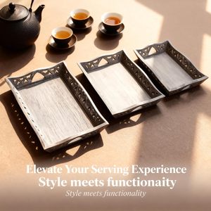 Set of 3 Wooden Serving <b>Trays</b> with Antique World Map Design Rectangular Decorative Food Serving <b>Tray</b> Set with Cutout Handles - Product Image 6