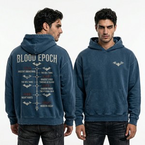 Vintage Black Hoodie Men Acid Washed Streetwear Rhinestone Bat Graphic Pullover Oversized Heavyweight Fleece Hooded Sweatshirts - Product Image 3