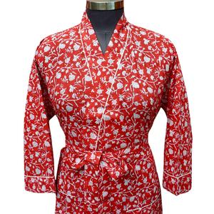 Robe longue pour femme à imprimé floral rouge, col en V, manches trois quarts, longueur complète, vêtements de nuit décontractés, 100% coton tricoté, été - Product Image 3