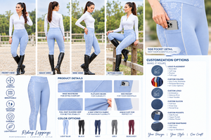 Women's Light Blue Equestrian Riding Pants with White Lace Detail Nylon Spandex Full Length Leggings for Horse Riding - Product Image 4