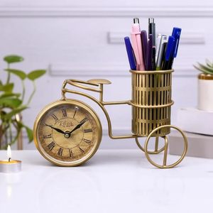Brass Bicycle Desk Clock with <b>Pen</b> Holder Mechanical Movement Modern Design <b>Gold</b> Finish Hourly Chiming Silent Operation New Year - Product Image 1
