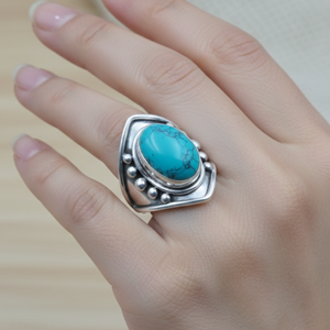 Natural <b>Turquoise</b> <b>Ring</b> 925 Silver Handmade Statement <b>Ring</b> Boho Vintage Oval Gemstone <b>Ring</b> Rose Gold Yellow Gold Plated Jewellery - Product Image 2