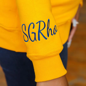 HBCU SGRho Sweat-shirt d'hiver en chenille écologique, lettres brodées or et bleu, mélange de coton premium, Divine Nine Greek Apparel - Product Image 4