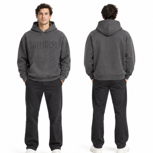 Sudadera con Capucha Gris Oscuro Premium para Hombre, con Estampado de Letras 'Happiness' en Relieve, Corte Regular Informal - Product Image 3