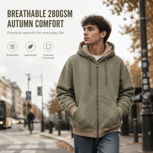 Sudadera con capucha unisex color oliva con cremallera, estilo casual, de felpa francesa, con estampado por transferencia térmica, transpirable, de corte holgado, con bolsillo canguro. - Product Image 1