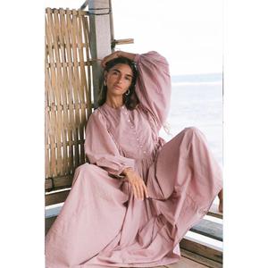 Vestido Maxi Rosa Sólido Elegante y Modesto para Mujer, Cuello en V, Manga Abullonada, Manga Larga, Botones al Frente, Algodón Ecológico, Vestido Casual Holgado - Product Image 6