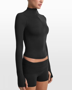 Women's <b>Black</b> <b>Turtleneck</b> Long Sleeve Zipper Knitted Spandex Polyester Minimalist Solid Color Breathable Slim Fit Summer - Product Image 3