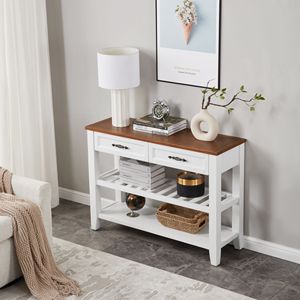 Retro Design Pine Solid Wood Console <b>Table</b> with Open Shelves and Legs for Living Room <b>Decor</b> - Product Image 2