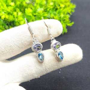 Pendientes Colgantes de Amatista y Topacio Azul NG-033 de Nikhil Gems, Plata de Ley 925, Joyería Vintage Oxidada, Regalo para Mujer - Product Image 1