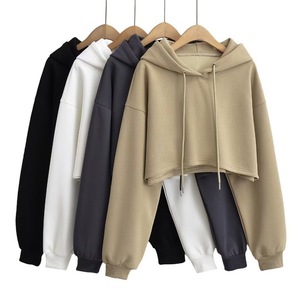 Hoodie court pour femme, couleur unie, manches longues, décontracté, en coton tricoté, pour l'automne, longueur courte, sans doublure, respirant, à capuche - Product Image 2