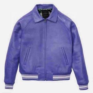 Blouson Bomber Homme Hiver Coupe-Vent en Cuir Véritable Violet avec Fermeture Éclair, Doublure Intérieure en Fausse Fourrure, Style Motard, Vêtement Décontracté - Product Image 1