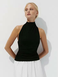 Women Black Turtleneck Ruched Tank <b>Top</b> Sleeveless Knitted Solid Sexy Club Style Breathable Spandex Polyester Fit <b>Top</b> - Product Image 4
