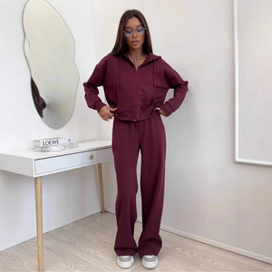 Ensemble de survêtement à capuche 2 pièces pour femme, coupe ample, couleur unie, tricoté en polyester/coton, vêtements de sport décontractés toutes saisons - Product Image 1