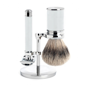 Kit de Afeitado Profesional Shave Edge con Maquinilla de Afeitar de Doble Filo, Mango Metálico, Cepillo de Pelo Sintético y Cuchilla Individual - Product Image 1