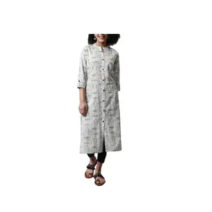 신상품 인도 여성 튜닉 탑 여성용 코튼 그레이 스트라이프 A-라인 커타와 바지 코 코드 세트