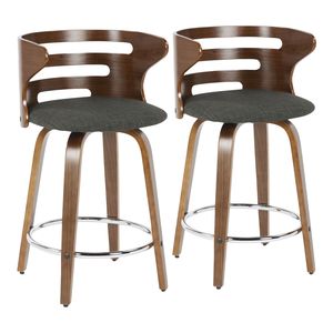Cosini Set of 2 Mid Century Modern Counter <b>Stools</b> Walnut and Charcoal Fabric with <b>Swivel</b> Feature <b>Bar</b> <b>Stools</b> - Product Image 1
