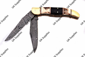 Couteau de poche pliant à double lame en acier Damas de haute qualité, manche en corne de taureau et de cerf, avec étui en cuir – Un incontournable pour votre sac à main - Product Image 4