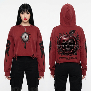 Sudadera Corta Roja para Mujer con Estampado Gráfico Vaudeville Terror, Diseño Vintage Desgastado, Manga Tipo Marioneta, Proveedor Personalizado - Product Image 5
