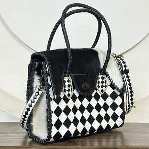 Sac fourre-tout de luxe vintage élégant en cuir de vachette véritable, noir et blanc à carreaux, sac à bandoulière et sac à main pour femme - Product Image 4