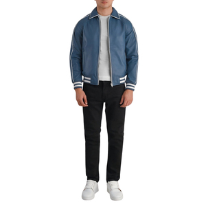 Chaqueta Bomber de Cuero PU Azul para Hombre, Cuello Camisero, Cierre de Cremallera, Estilo Deportivo - Product Image 1