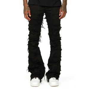 Jean évasé vintage pour homme, taille haute, déchiré, respirant, style streetwear, coupe empilée - Product Image 1