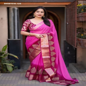 Premium Quality Banarasi Georgette with Leaf-Embroidered & Zari Woven Broad Border Saree-Banarasi <b>Silk</b> Blouse Indian Supplier - Product Image 1