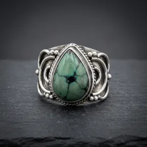 Anillo de cóctel de plata de ley 925 con turquesa tibetana, engaste de bisel vintage, joyería étnica bohemia llamativa, unisex, para uso diario - Product Image 2