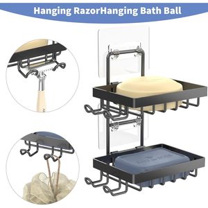 Portasapone da Parete in Acciaio Inox 304 con 4 Ganci e Porta Rasoio, Senza Foratura, Doppia Capacità, Accessorio per Doccia - Product Image 2