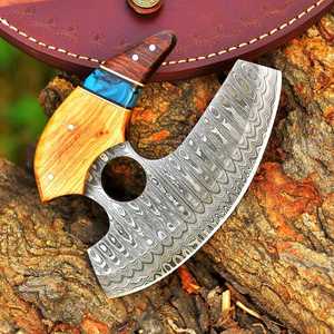Cuchillo Ulu de Acero de Damasco de Alta Calidad, Cuchillo para Pizza Hecho a Mano, Cuchillo Ulu de Acero OEM Estilo Vikingo con Mango de Madera - Product Image 1