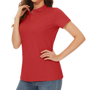 Polo à manches courtes pour femme, couleur unie rouge, décontracté, en coton Oxford, tissé uni teint - Product Image 5