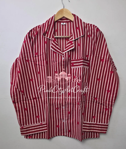 Ensemble de pyjama en coton rayé rouge et blanc pour femmes, élégant, à manches longues, boutonné, vêtements de nuit doux, respirants, séchage rapide, pour l'été - Product Image 4