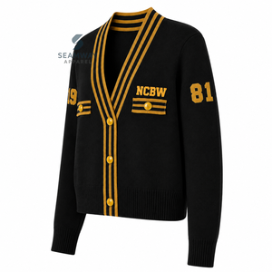 NCBW Sorority Women's <b>Varsity</b> Knit <b>Cardigan</b> V-Neck Button Front Long Sleeve Striped Rib Trim Embroidered Preppy Style Sweater - Product Image 2