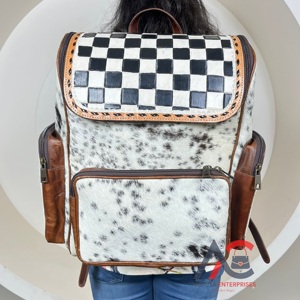 New Hand Tooled Checkered Leather Conecealed Carry <b>Backpack</b> Hair-on Hide Unique Design Diaper <b>Backpacks</b> Durable for Everyday Use - Product Image 1