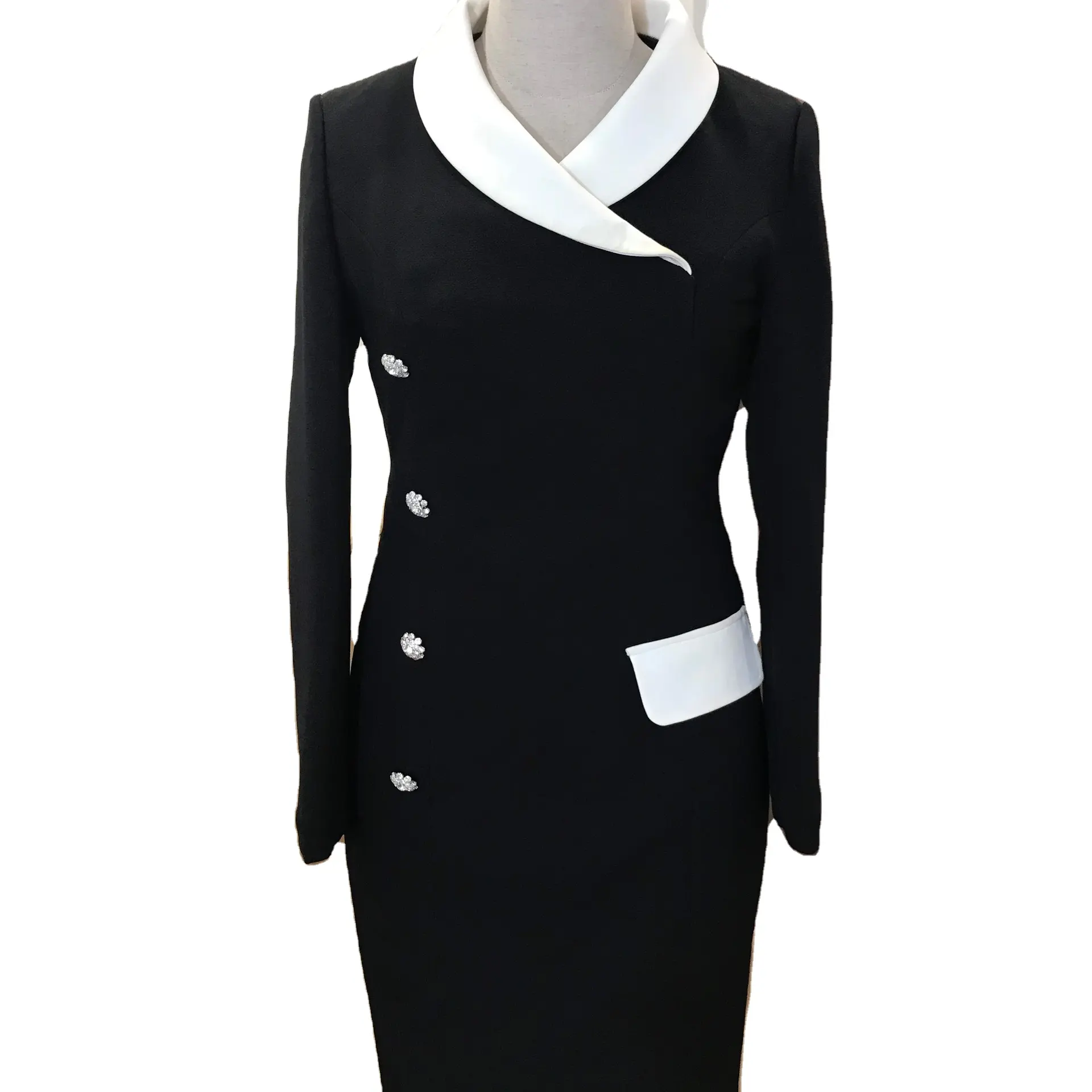 سعر الجملة مادة ممتازة فستان طويل قميص المرأة مكتب أزياء السيدات نمط الأكمام فستان أسود المرأة