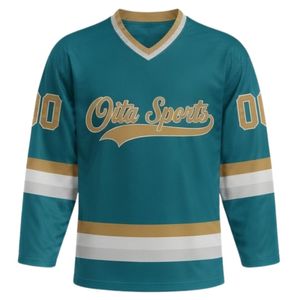 Ensemble short et maillot de hockey sur glace sublimé pour homme, col en V, rayé, vert sarcelle et or, en polyester, uniforme sportif athlétique pour équipe, entraînement - Product Image 3