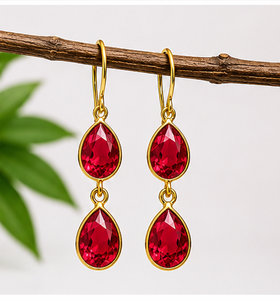 Pendientes Colgantes de Cuarzo Rubí en Forma de Lágrima, Plata de Ley 925, Chapados en Oro |   Pendientes de cuarzo rubí facetado en forma de pera |   Hecho a Mano G - Product Image 1