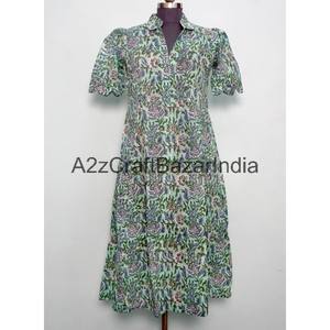 Vestido de Verano Midi para Mujer, Hecho a Mano, Estampado Floral Indio Kangura, de Algodón, Ecológico, con Encaje, Transpirable, Corte en A - Product Image 3