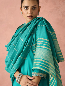 Turquoise Embroidered Quick Dry All Season <b>Kurta</b> Set Trousers Dupatta <b>Women</b> Traditional Casual Wear Knee-Length Cotton Regular - Product Image 5