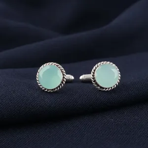 Ensemble de boutons de manchette en chalcédoine bleue aqua, faits à la main, sertis dans de l'argent sterling 925 plaqué, bijoux pour hommes et femmes - Product Image 1