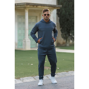 Ensemble de survêtement pour homme bleu foncé à capuche, manches longues, couleur unie, décontracté, taille élastique, poches latérales, 100% polyester, vêtements d'automne - Product Image 6
